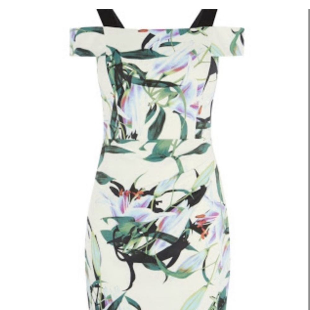 Karen Millen Dress Midi Off The Shoulder Lilly Pad Floral Printed White Size 10
